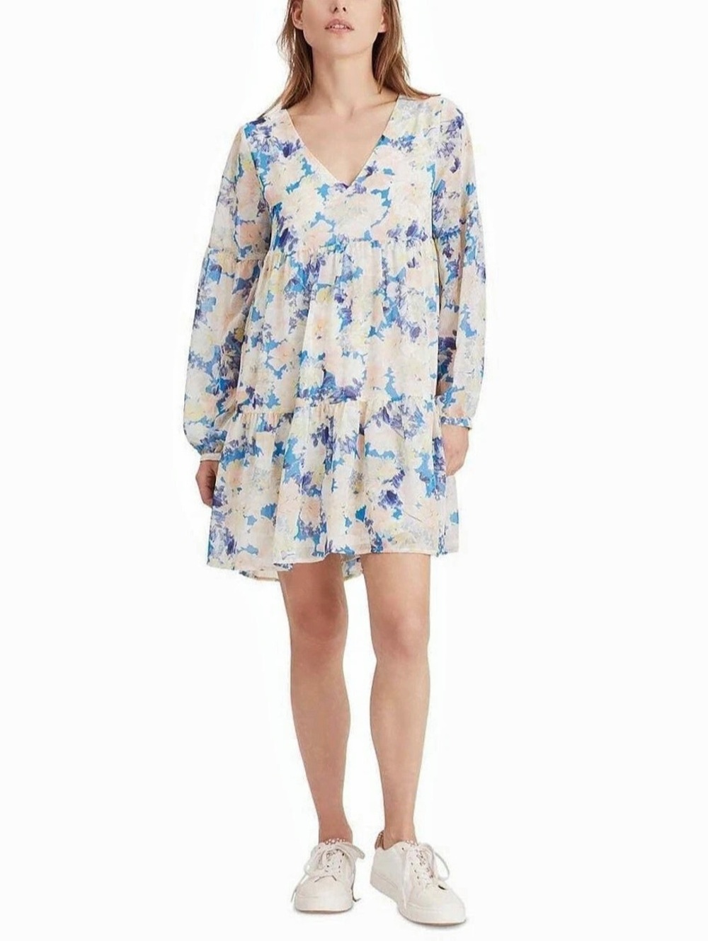 Sanctuary Floral Long Sleeve Tiered Shift Dress Cream & Blue Size 12